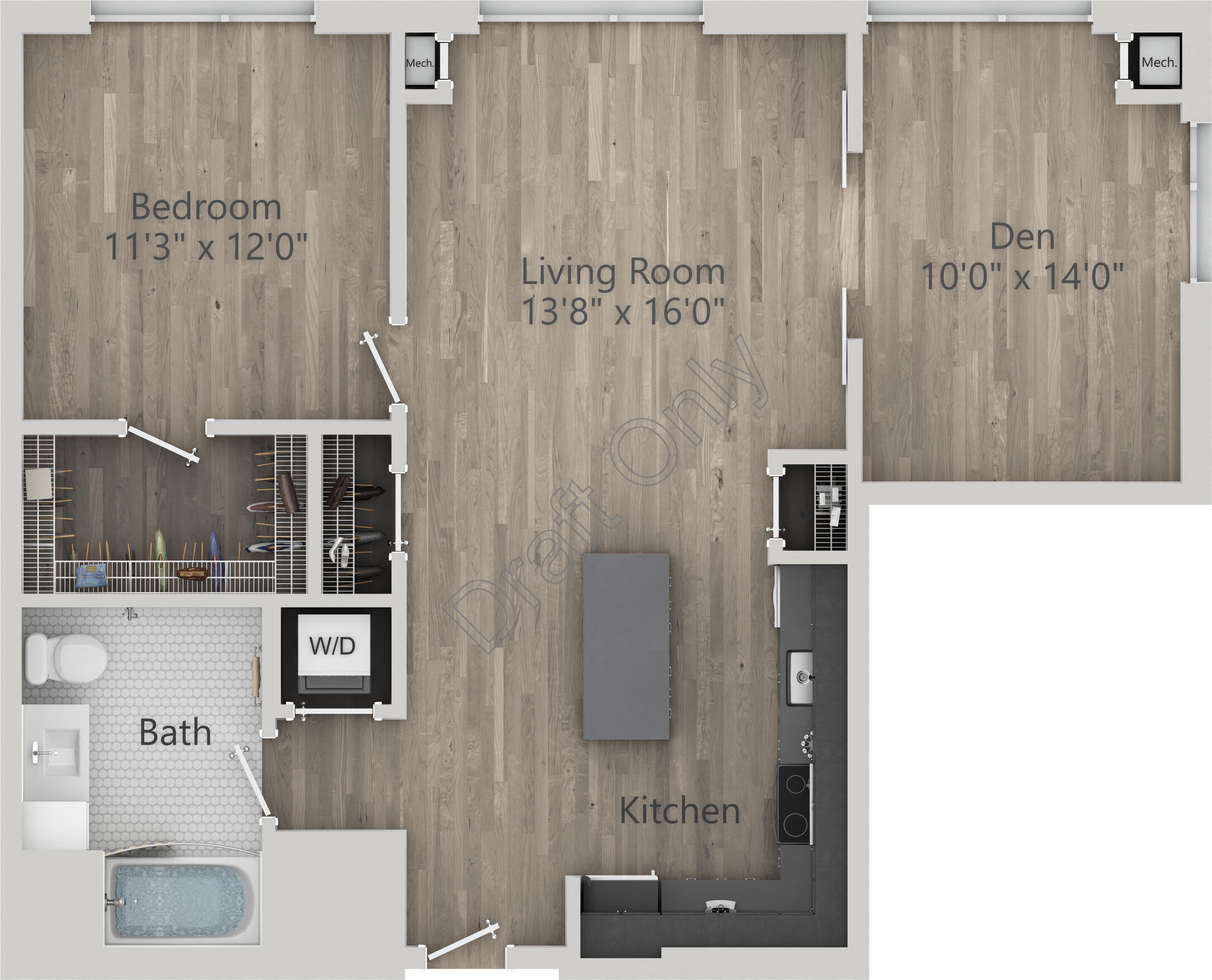 Floor plan for 1 bed, 1 bath, 964 sqft